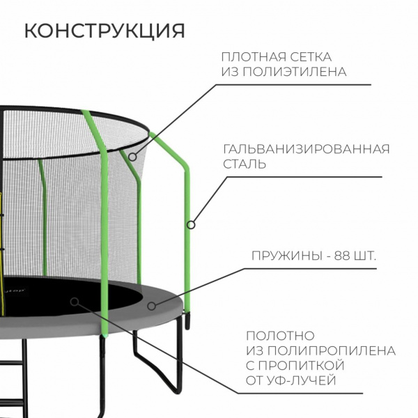 Батут Onlytop, d=427 см, высота сетки 173 см, с лестницей, цвет серо-салатовый